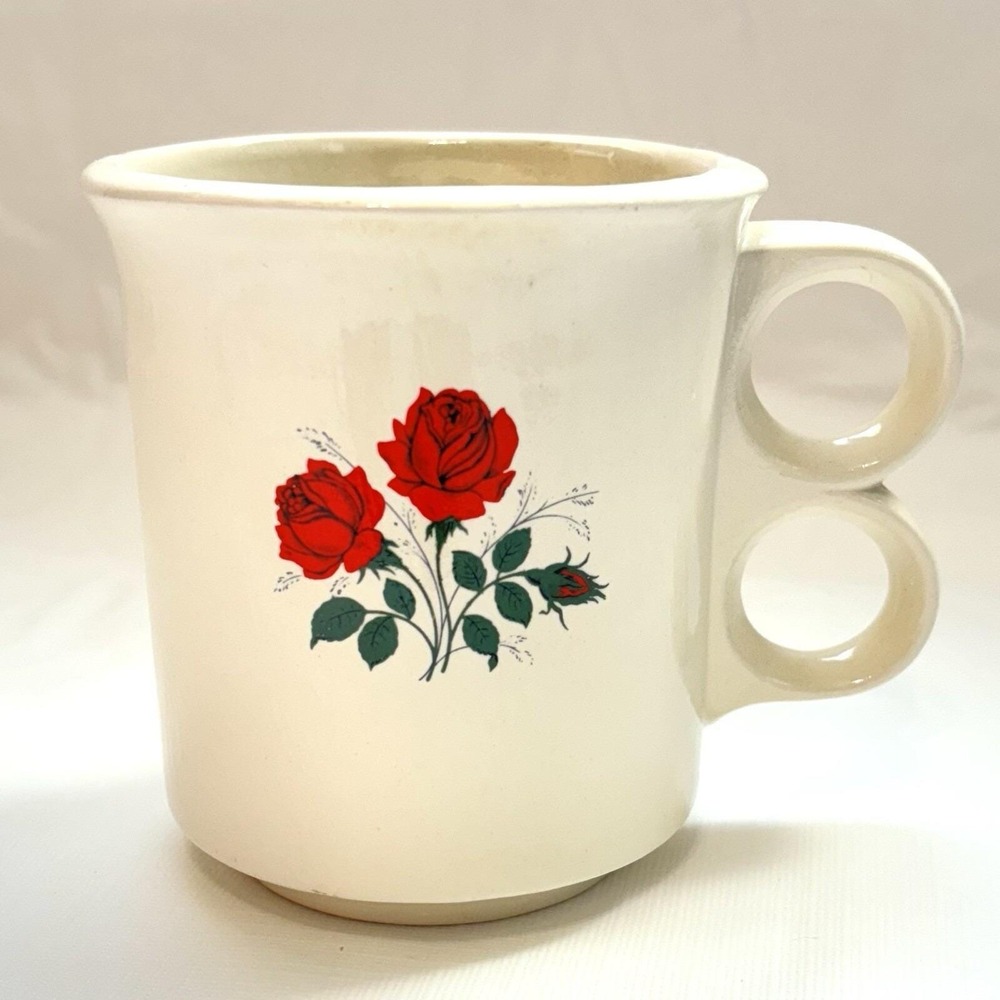 Vintage 1980 Handmade White Pottery Two Finger Mug Red Roses Floral 4 Inch